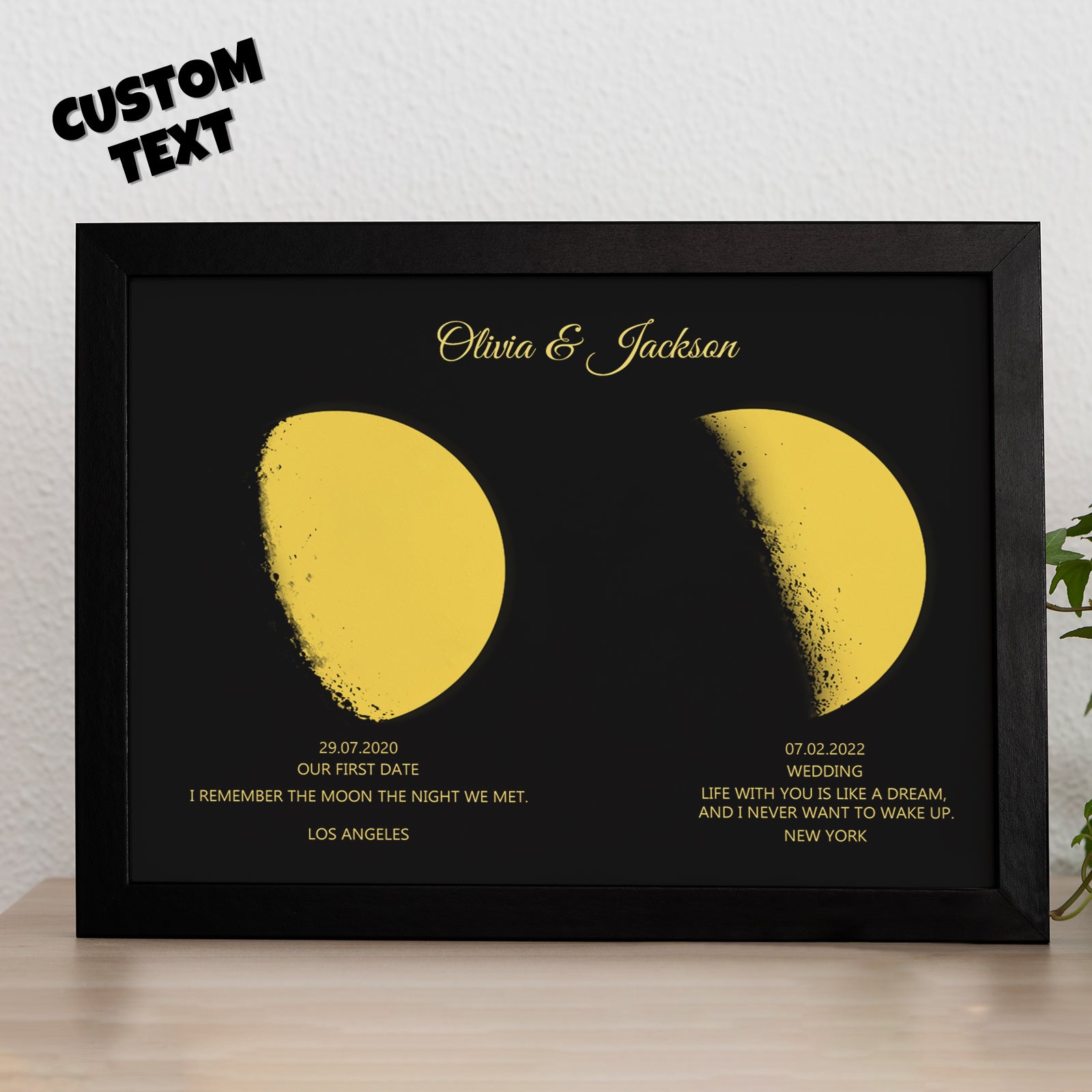 Custom Moon Phase and Names Wooden Frame with Personalized Text Gold Moon - auphotomugs