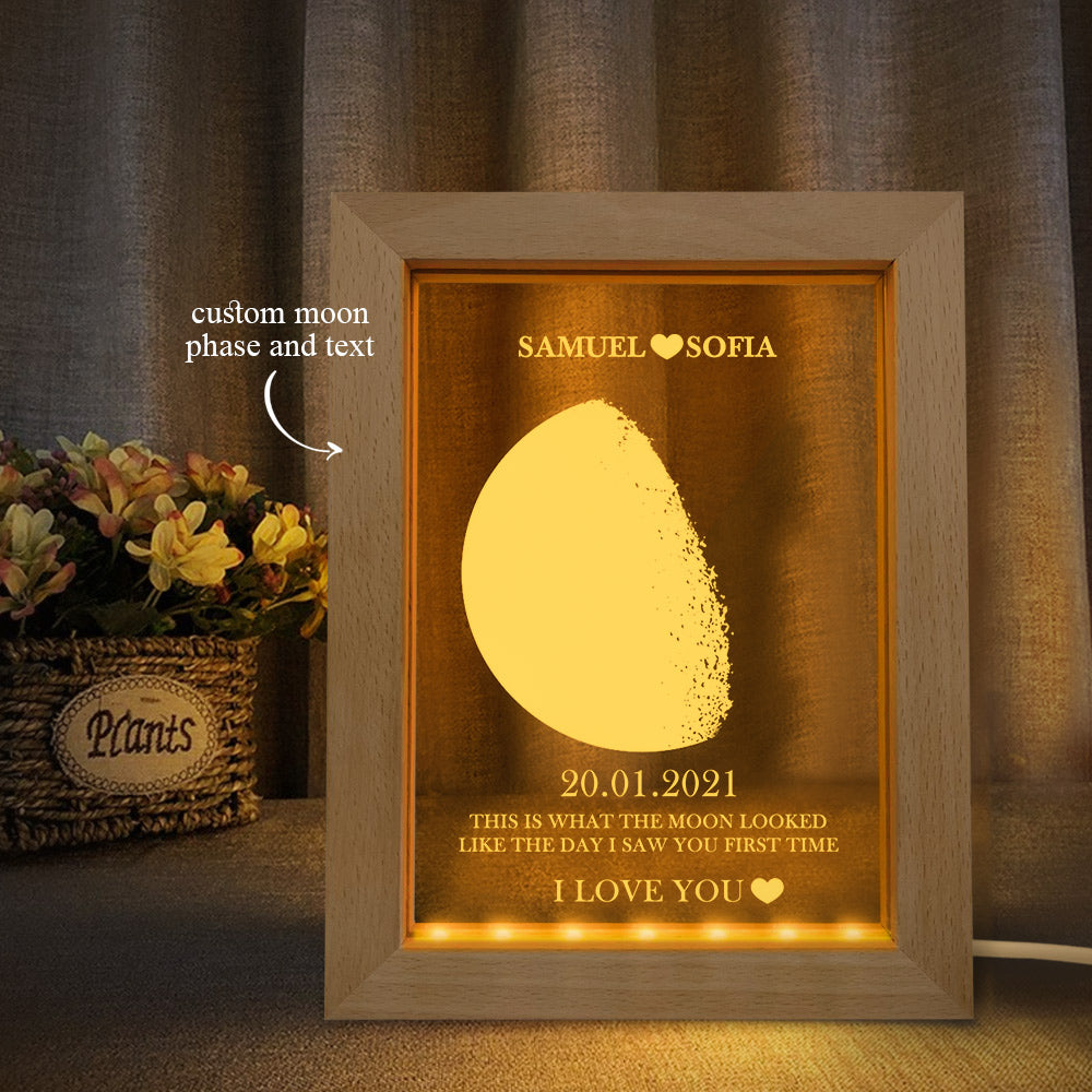Custom Moon Phase and Names Frame Lamp with Personalized Text - auphotomugs