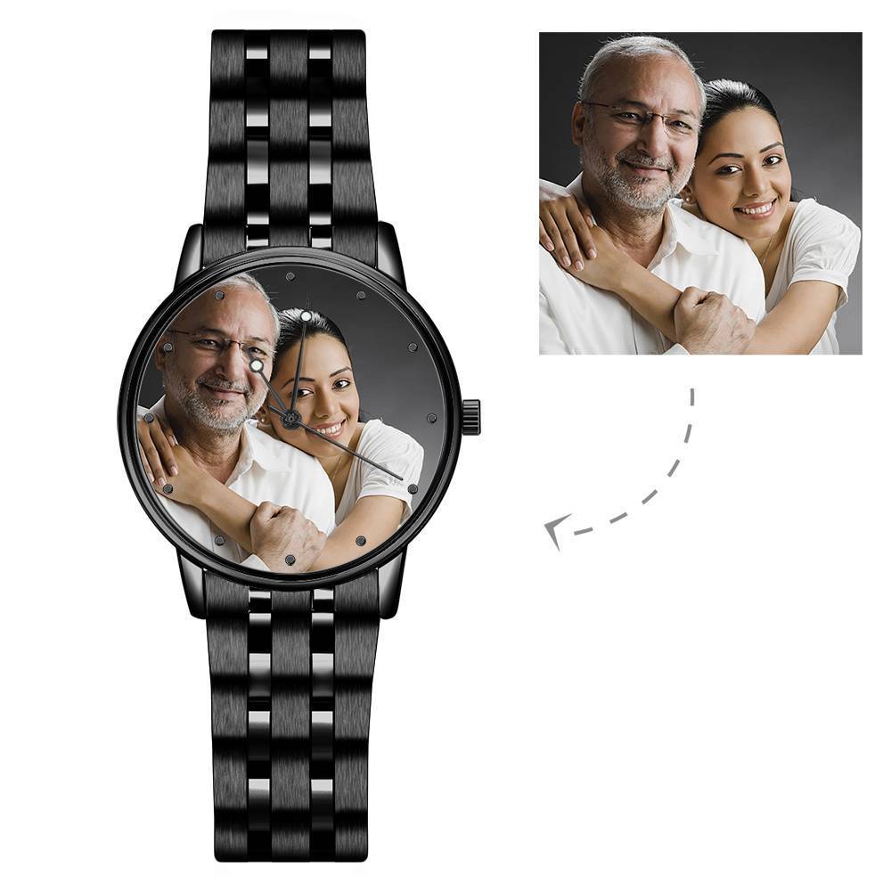 Custom Photo Watch Personalized Mens Photo Engraved Watch with 38mm Black Alloy Strap