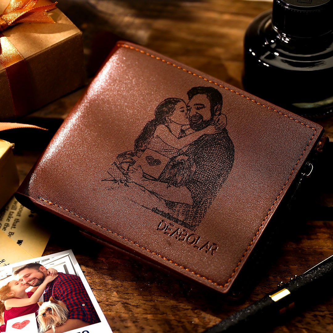 Personalized Photo Engraved Wallet for Men with Text on the Back - Brown