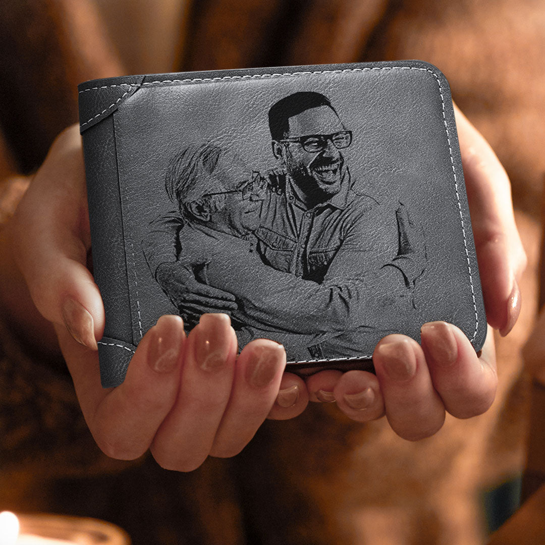 Father's Day Gift Men's Custom Engraved Photo Wallet Grey Leather