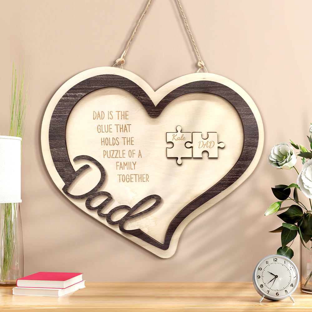 Personalized Wooden Heart Puzzle Sign Father's Day Gift for Dad - myphotowalletau