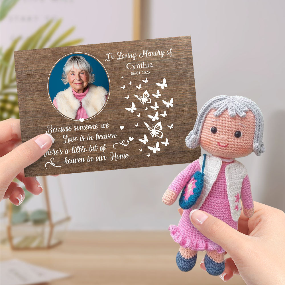 In Loving Memory Personalized Crochet Doll Gifts Handmade Mini Dolls Look alike Your Photo with Custom Memorial Card - auphotomugs