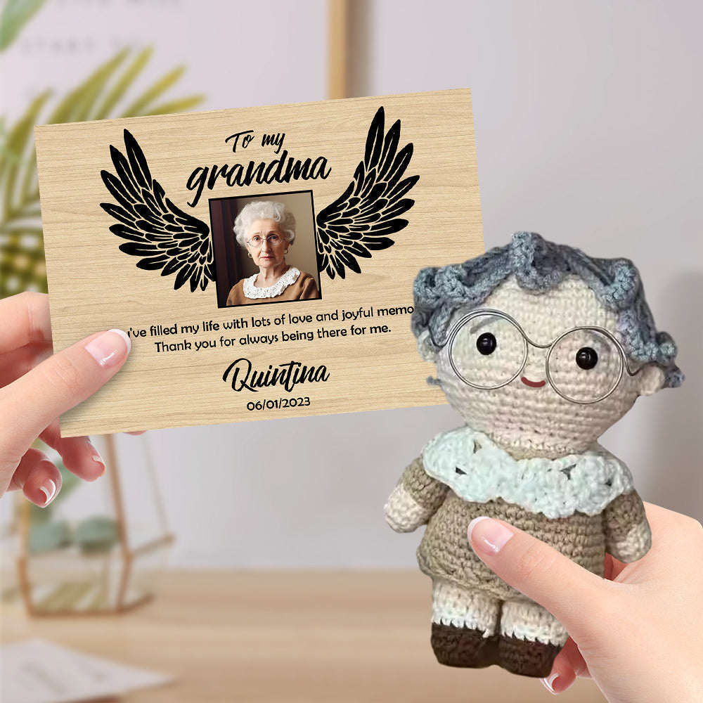 Personalized Crochet Doll Handmade Dolls Look alike Custom Photo with Memorial Card To My Grandma or Grandpa - auphotomugs