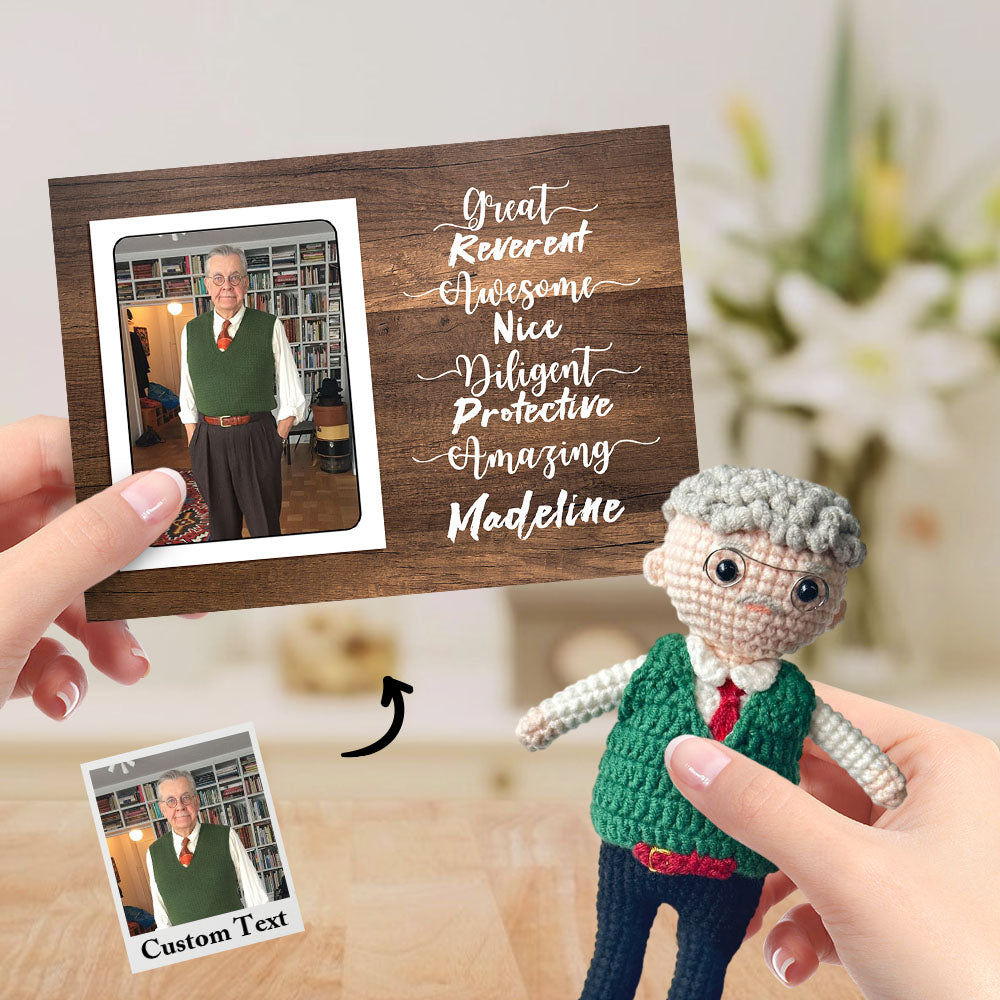 Gifts for Grandpa Custom Crochet Doll from Photo Handmade Look alike Dolls with Personalized Name Card - auphotomugs