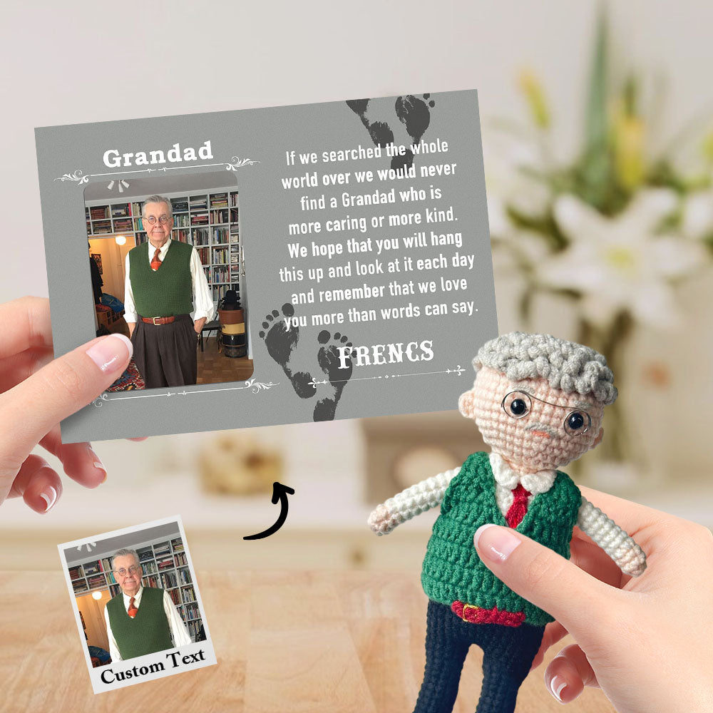 Custom Crochet Doll from Photo Handmade Look alike Dolls Gifts for Grandad with Personalized Name Card - auphotomugs