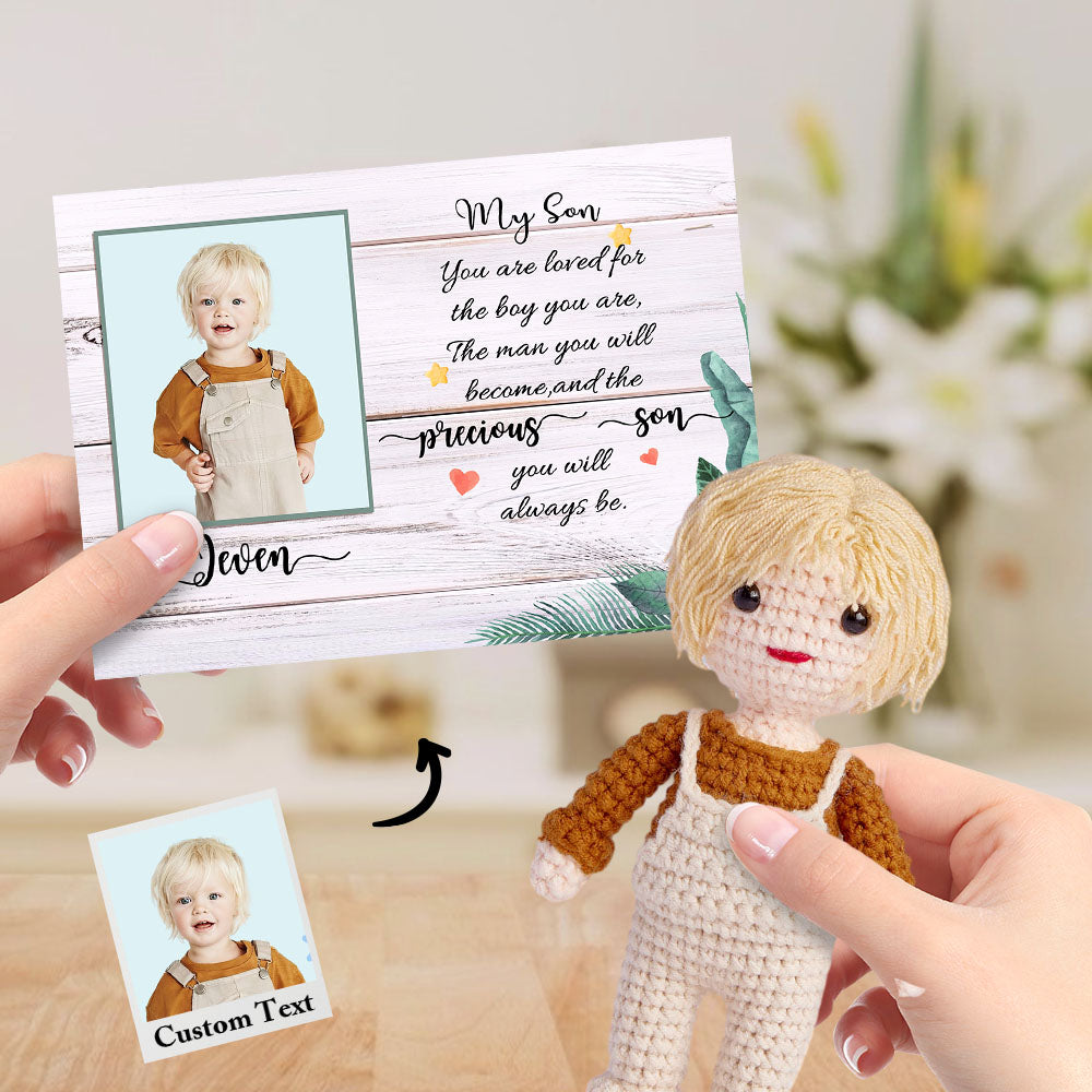 Custom Crochet Doll from Photo Handmade Look alike Dolls Gifts for Son with Personalized Name Card - auphotomugs