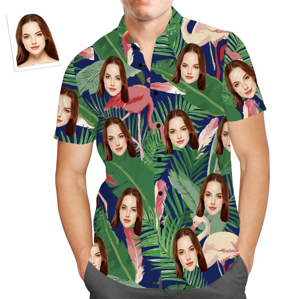 Custom Face Hawaiian Shirt Pink Flamingo Holiday Beach Shirts for Him