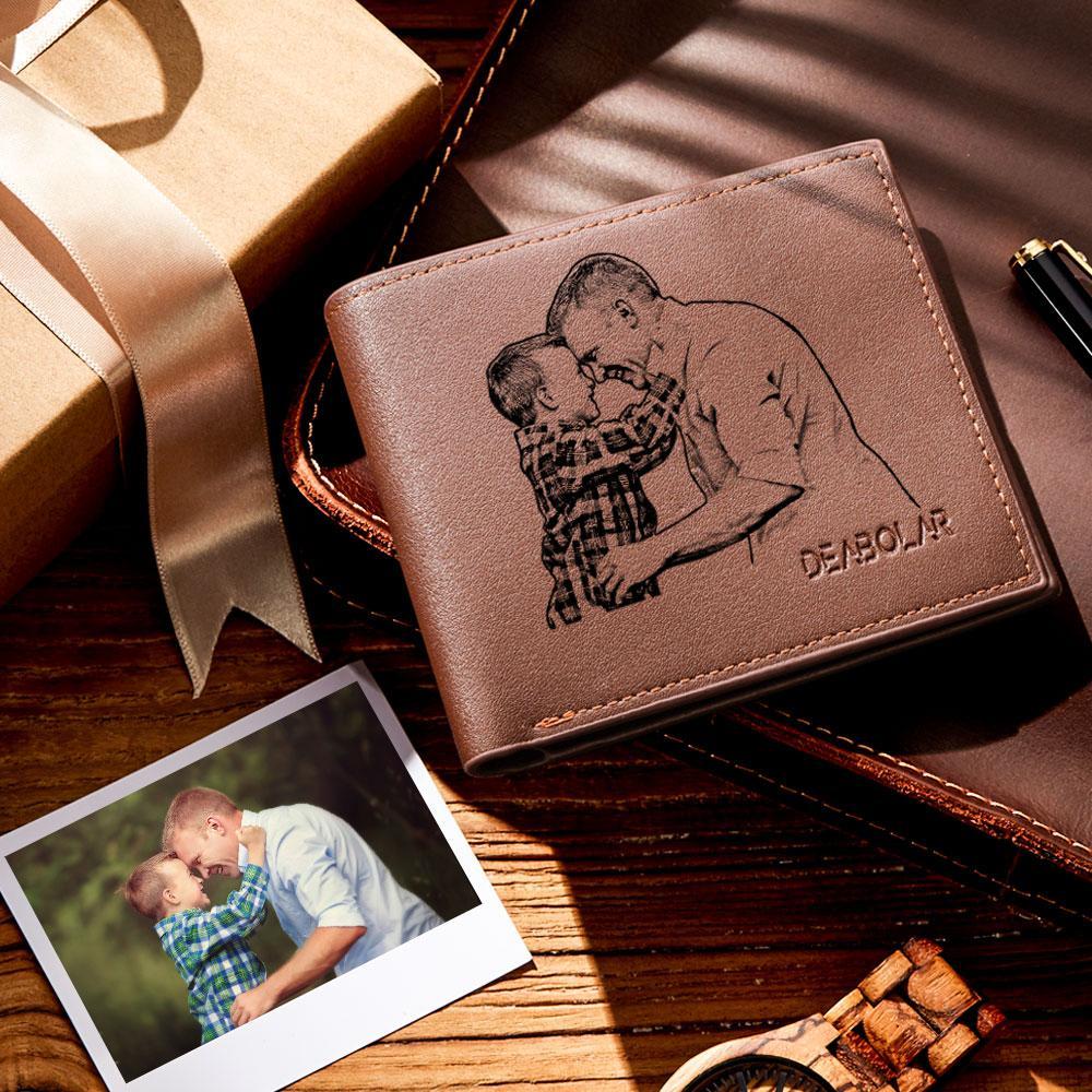 Personalized Photo Engraved Wallet for Men with Text on the Back Gift for Father - Brown