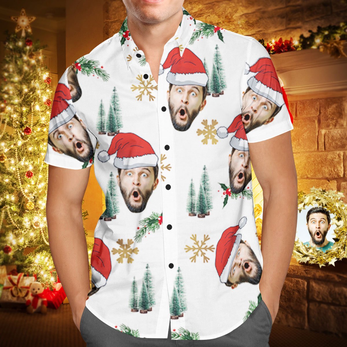Custom Face Personalized Christmas Hawaiian Shirt Your Face With Santa Hat