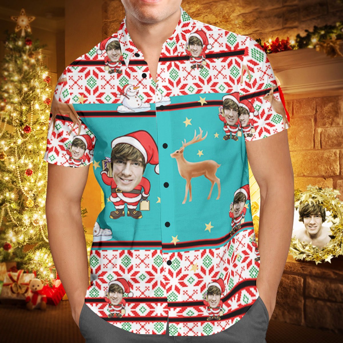 Custom Face Personalized Christmas Hawaiian Shirt Santa Claus and Reindeer