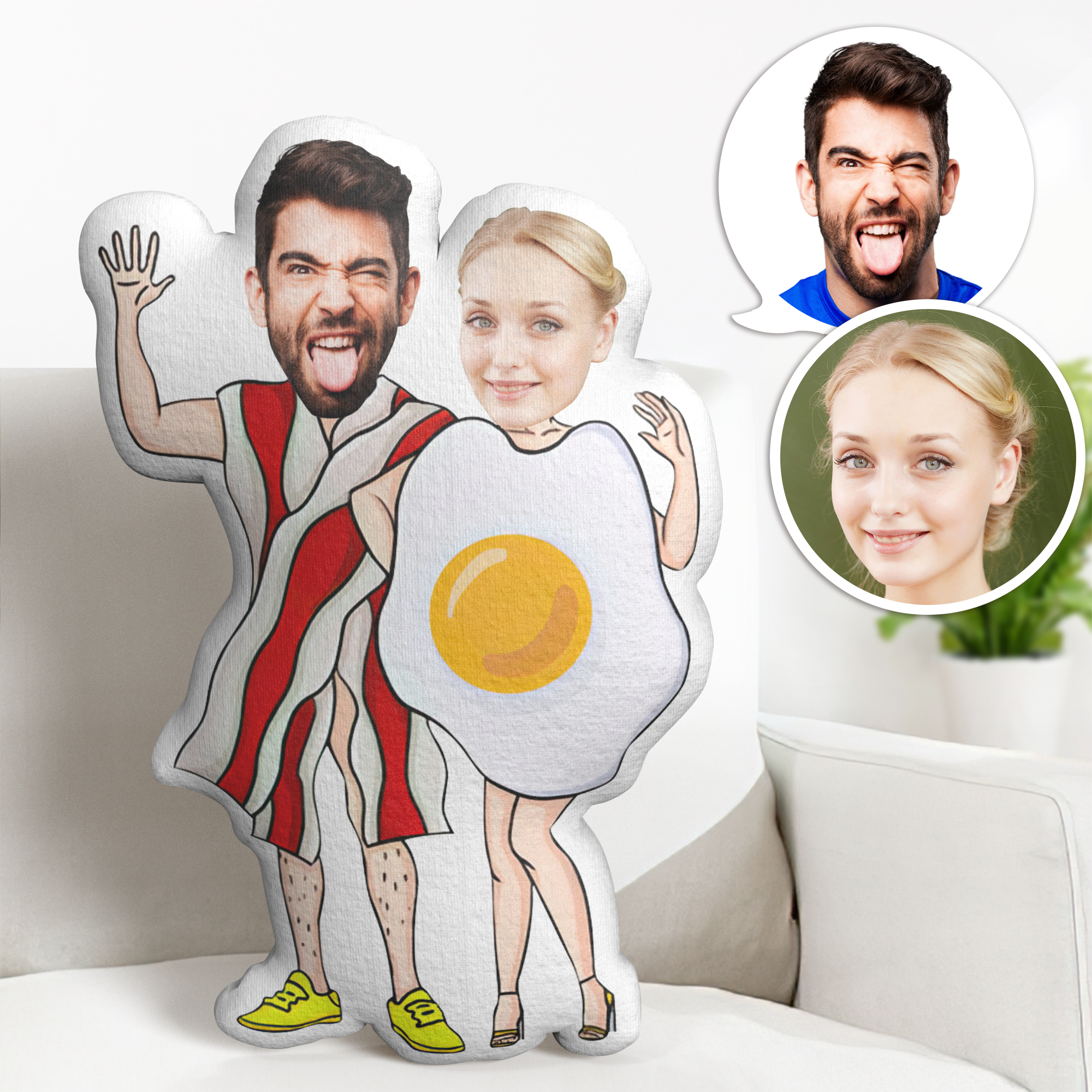 Couple Fried Eggs And Bacon Photo Face Pillow Minime Throw Pillow Custom Face Gifts Personalized Photo Minime Pillow - auphotomugs