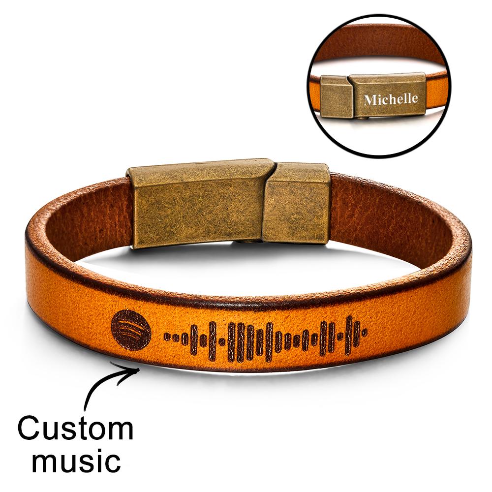 Custom Engraved Spotify Code Bracelet Personalized Song Leather Bracelet with Strong Magnetic Clasp - auphotomugs