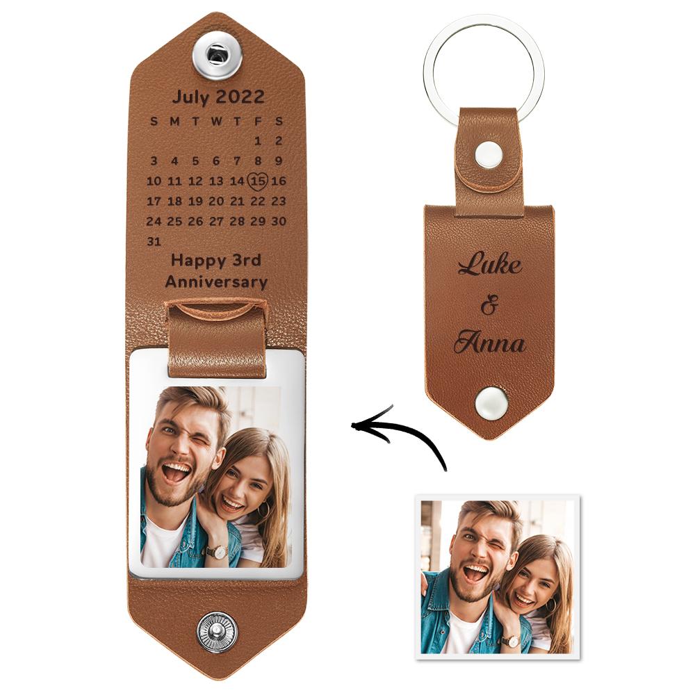 Personalized Calendar Date Photo Keychain Leather Engagement Date Calendar Gift