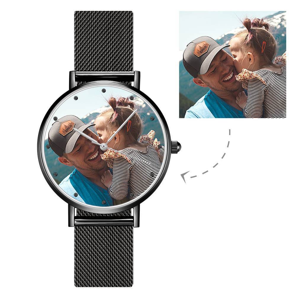 Custom Photo Watch Personalized Mens Photo Engraved Watch With 40mm Black Alloy Strap