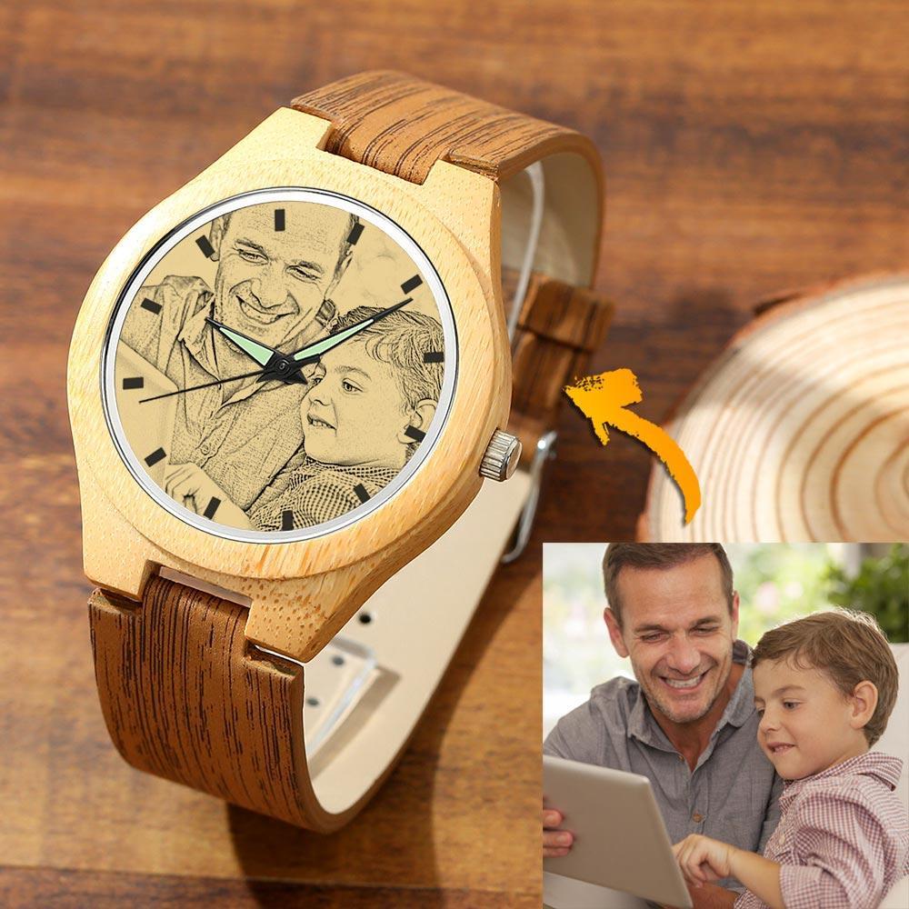 Custom Photo Watch Personalized Men's Engraved Bamboo Photo Watch with 45mm Wood Leather Strap