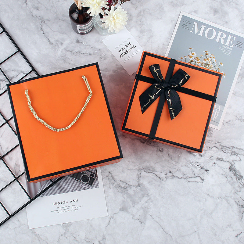 Orange Square Presentation Gift Box With Bow Ribbon