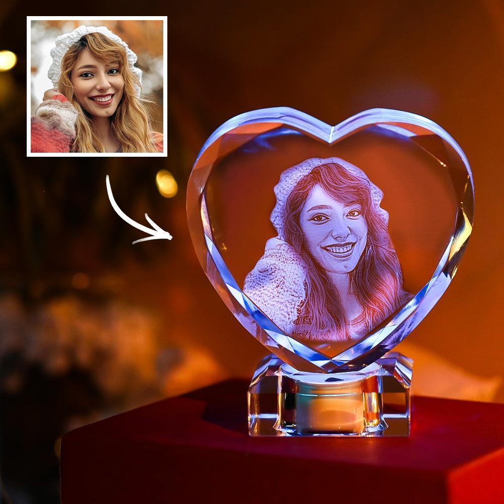 Personalized Heart Shaped 3d Photo Crystal with LED Light Base Exclusive Large Photo Crystal Heart  Laser Gifts for Family