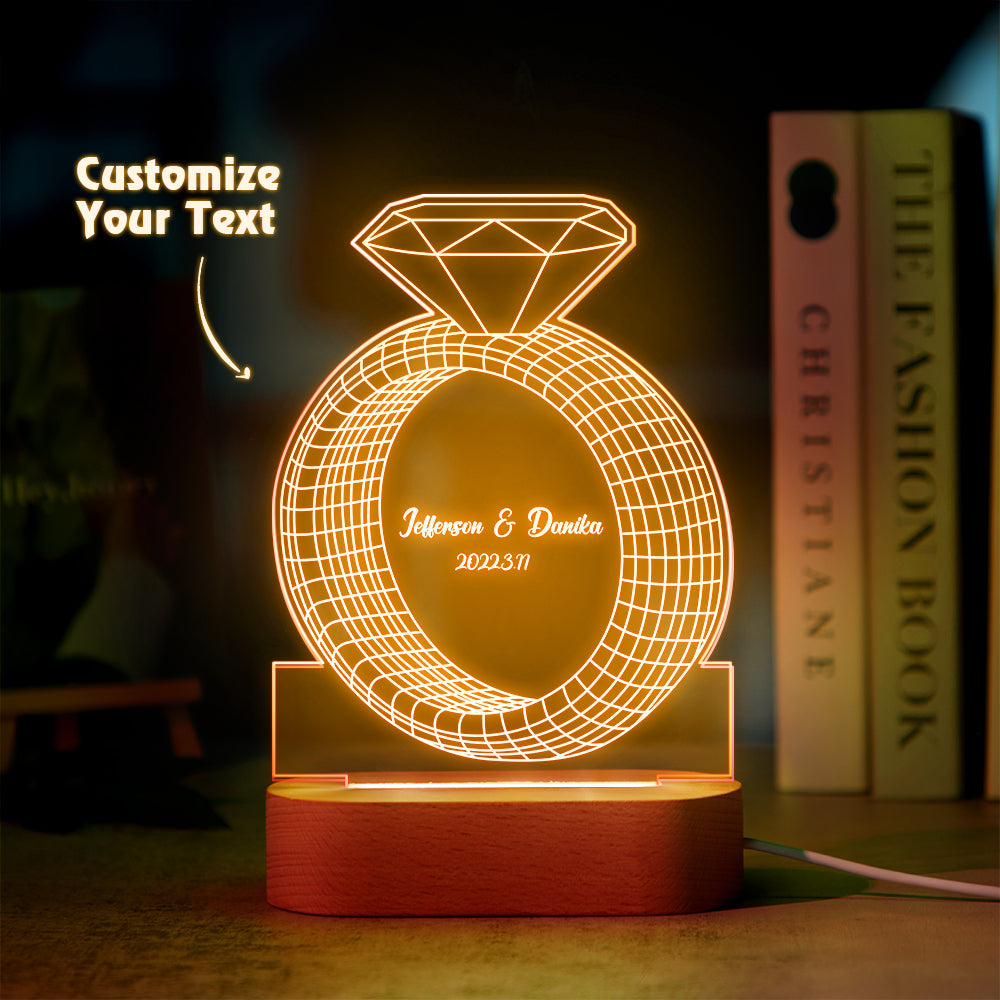 Personalized Text Diamond Ring Colorful Lamp Custom Acrylic 3D Printed Night Light Proposal Anniversary Day Gift - auphotomugs
