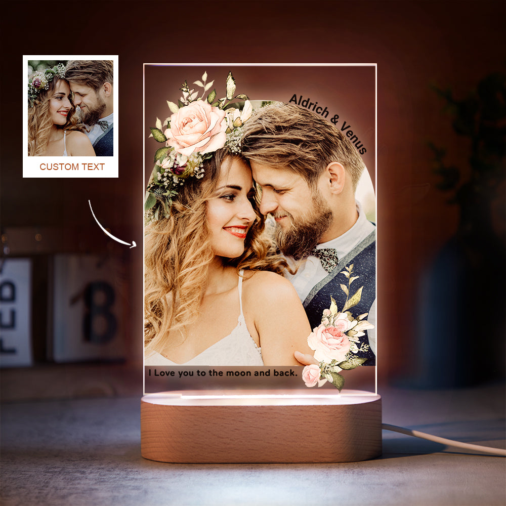 Custom Photo Print with Flowers Colorful Lamp Personalized Acrylic Night Light Engagement Gift - auphotomugs